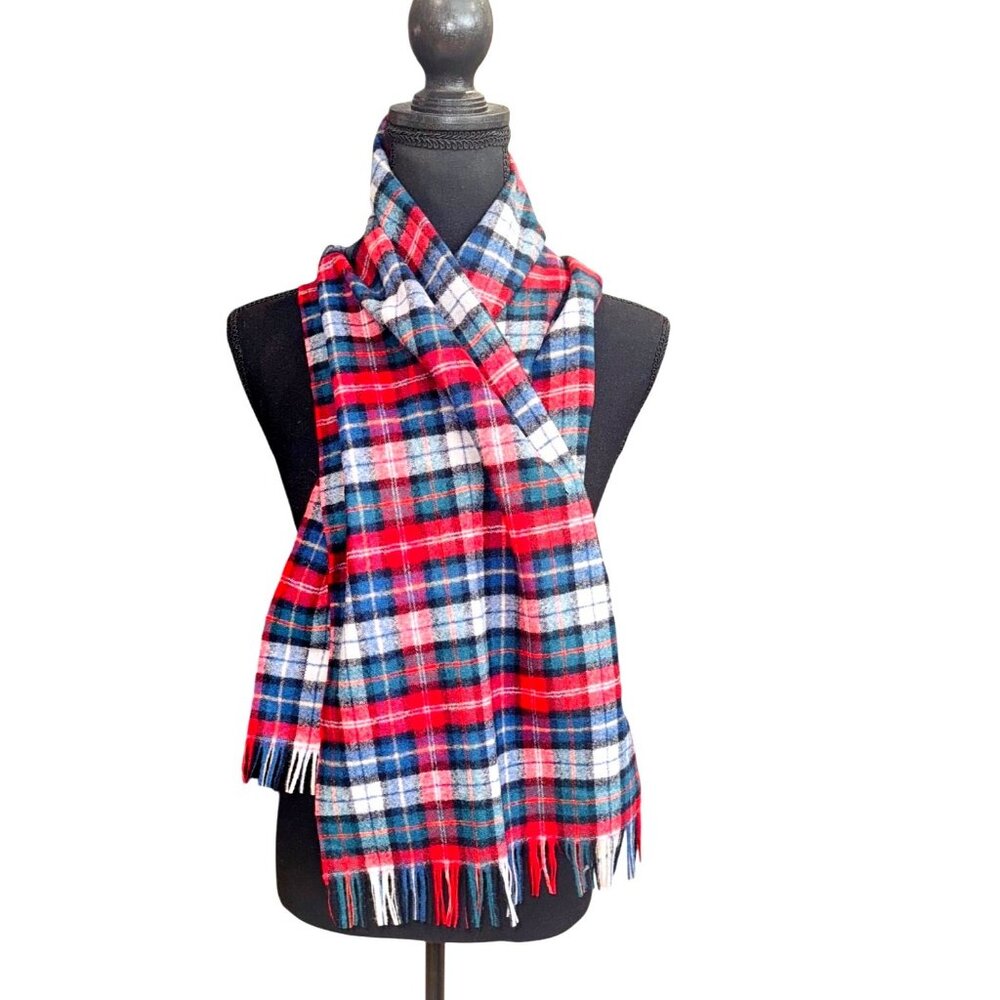 VTG Pendleton 100% Pure Virgin Wool Scarf Red Blue Tartan Plaid Fringe Preppy